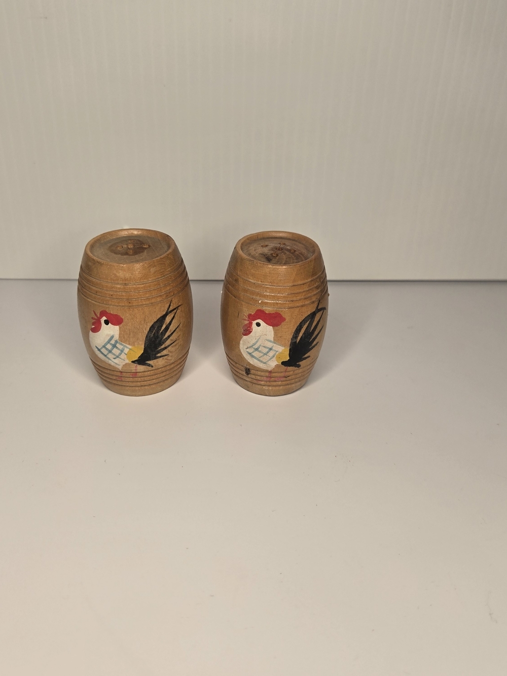 Hand-Painted Rooster Wooden Salt & Pepper Shaker Set - Natural Finish